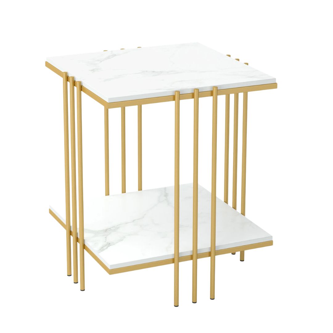 2 Tier Square Side Table 44.5x44.5x55.5cm Marble Top Gold Metal Frame Living Room Coffee Table