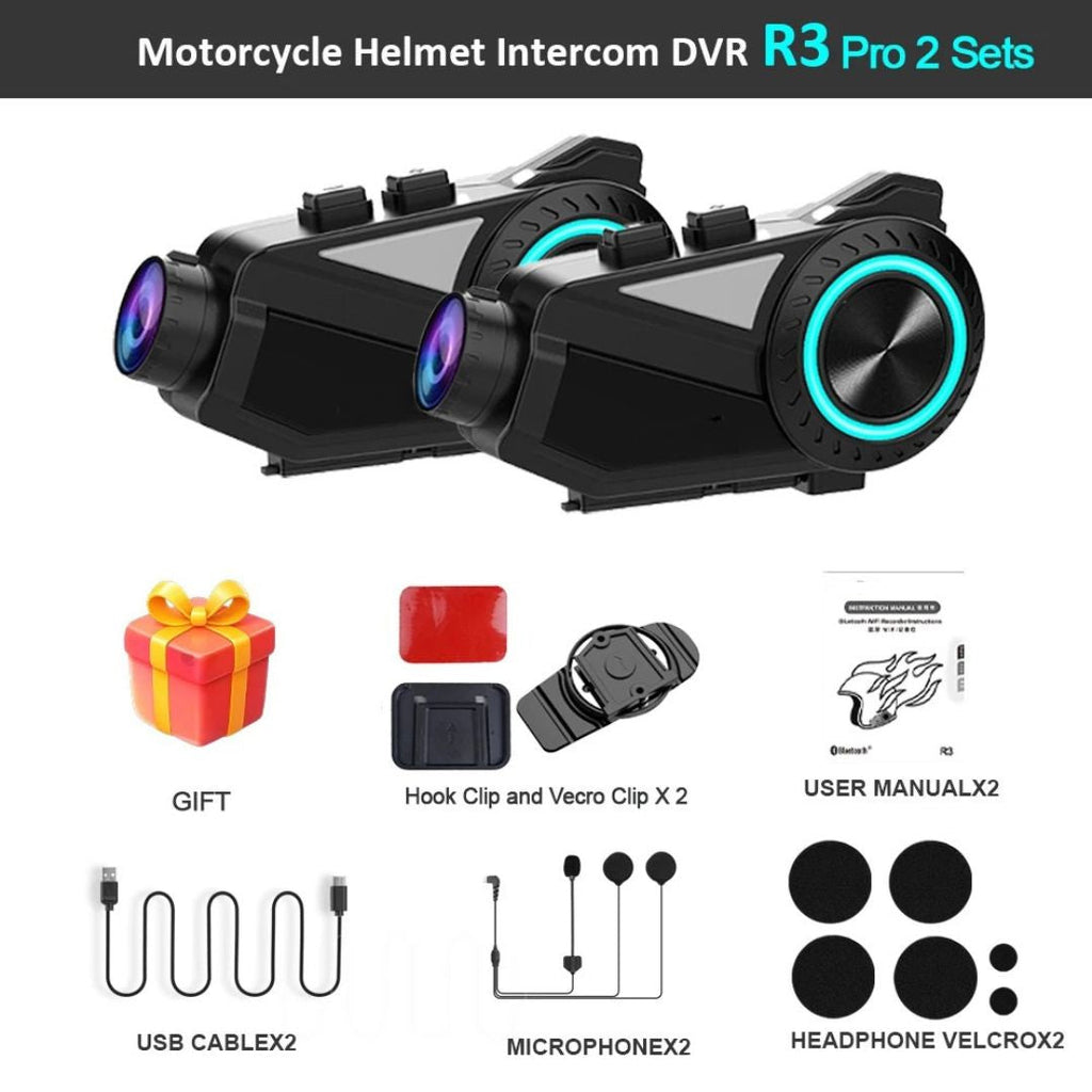 Motorcycle Helmet Intercom 2 Pack with 1440P WiFi Dash Camera Bluetooth Headset Music Sharing Dual Rider Set