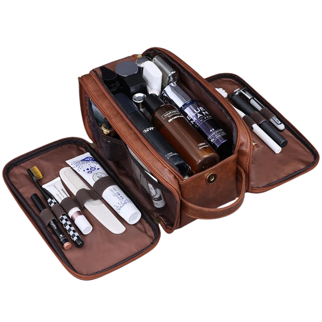 Multi Pocket PU Toiletry Bag Waterproof Hanging Travel Cosmetic Makeup Organizer Bag Wash Storage Pouch Brown