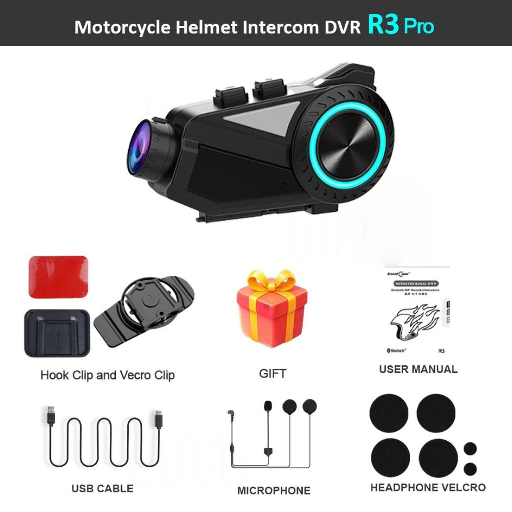 Motorcycle Helmet Intercom with 1440P WiFi Dash Camera Bluetooth Headset Music Sharing Single Rider Set
