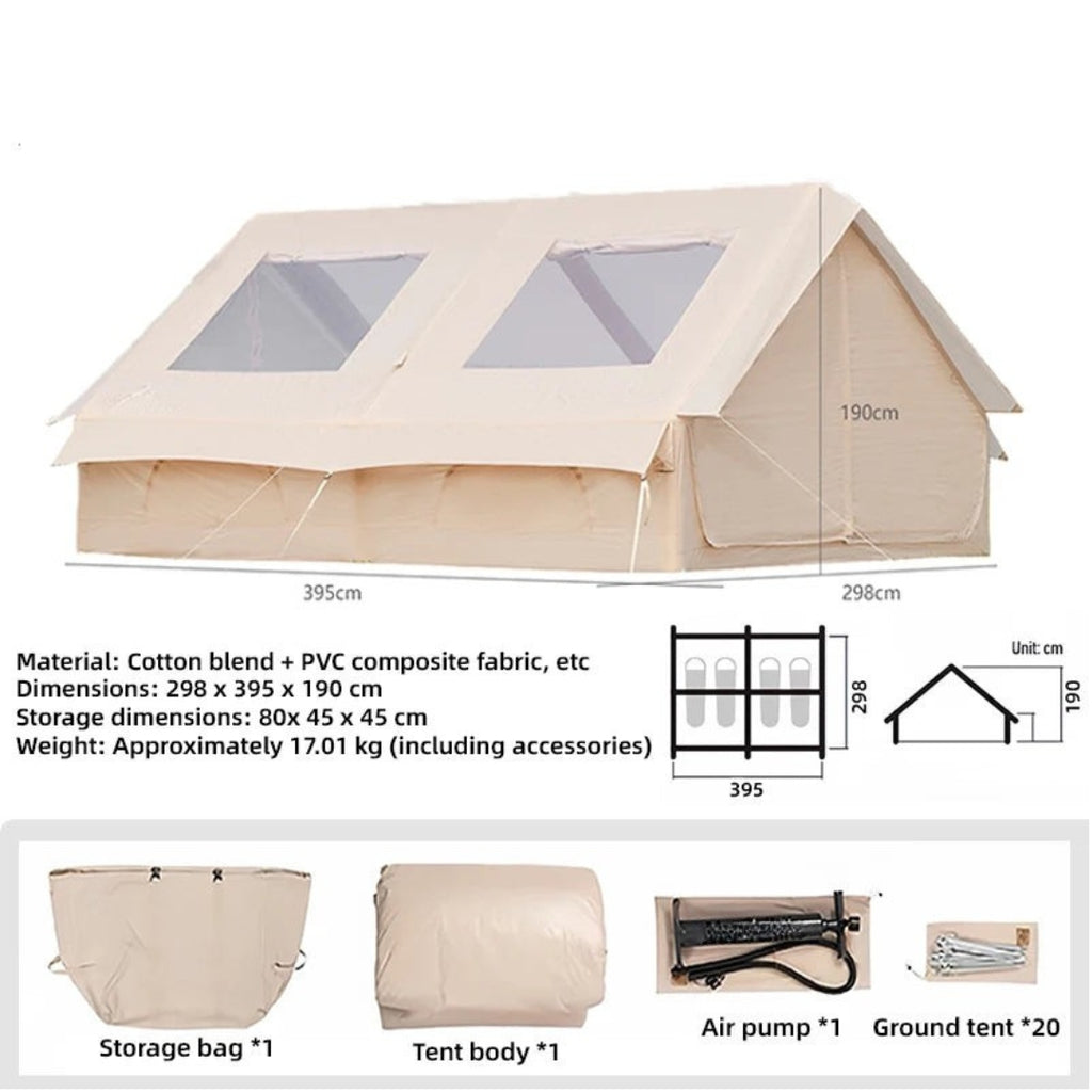 12m² Inflatable Camping Tent with Air Pump Storage Bags Outdoor Hiking Family Shelter Beige 395 × 298 × 190cm
