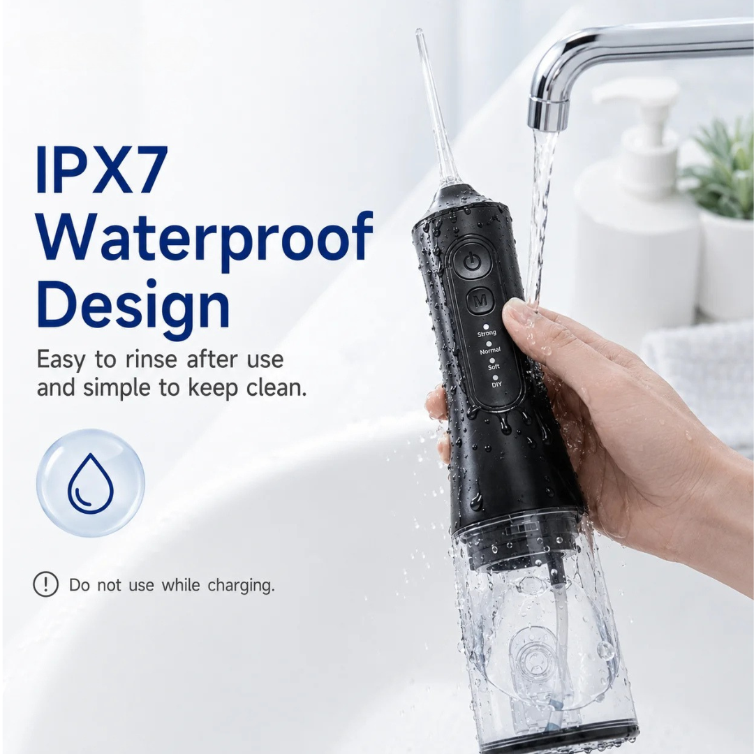 YD06 Cordless Oral Irrigator Water Flosser 300ML Portable Water Jet USB-C Fast Charge 7 Nozzles 4 Modes IPX7 Black