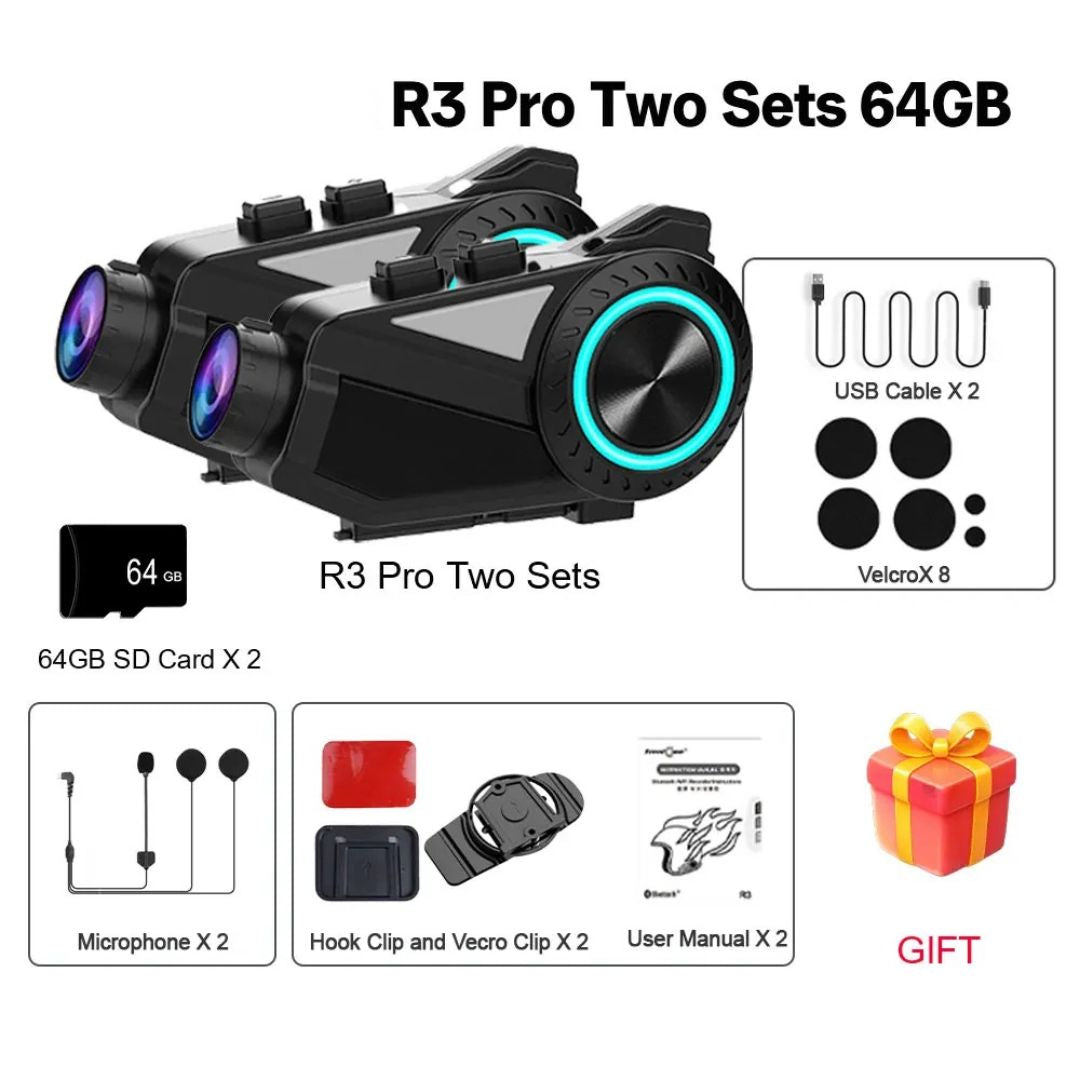 Motorcycle Helmet Intercom 2 Pack with 1440P WiFi Dash Camera Bluetooth Headset Music Sharing 64GB Memory