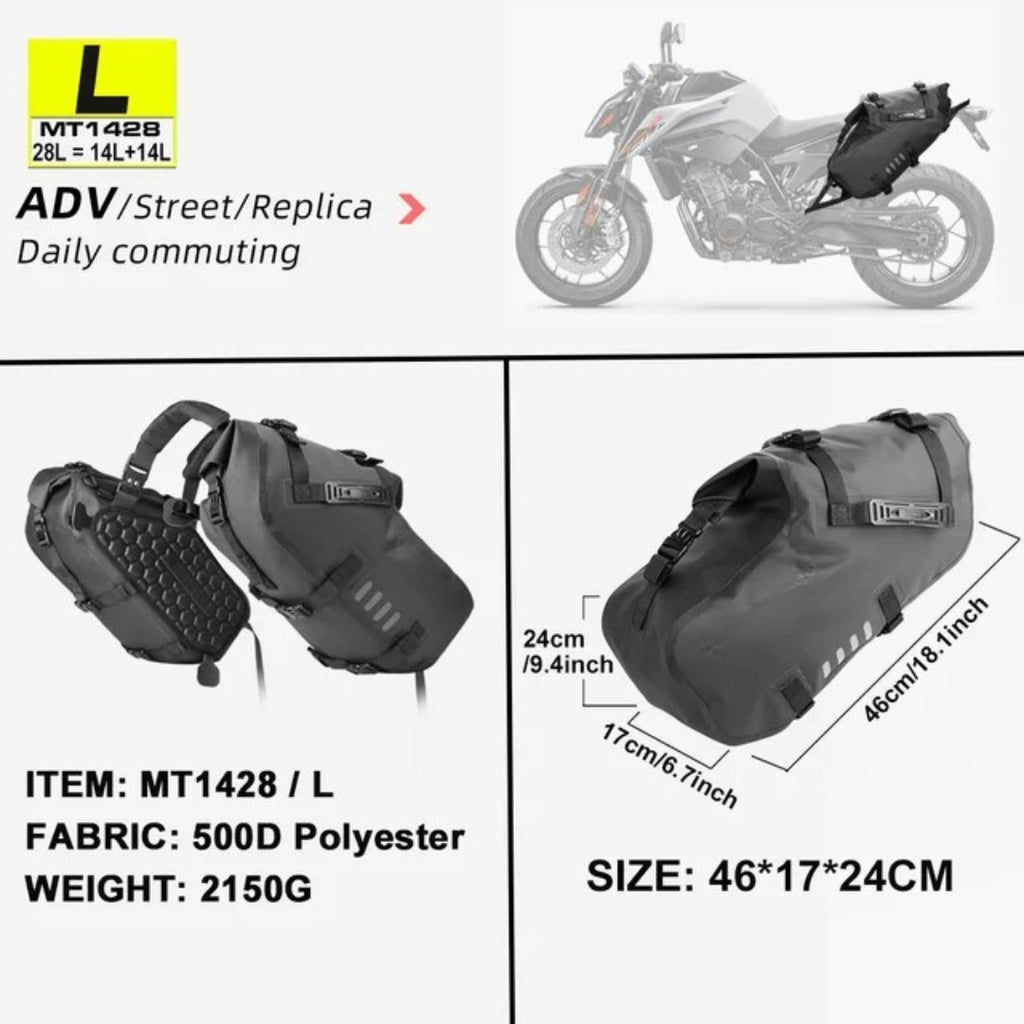 2PCS 14L Waterproof Motorcycle Saddle Bags Universal Motorbike Side Pannier Luggage Storage Travel Bags Black