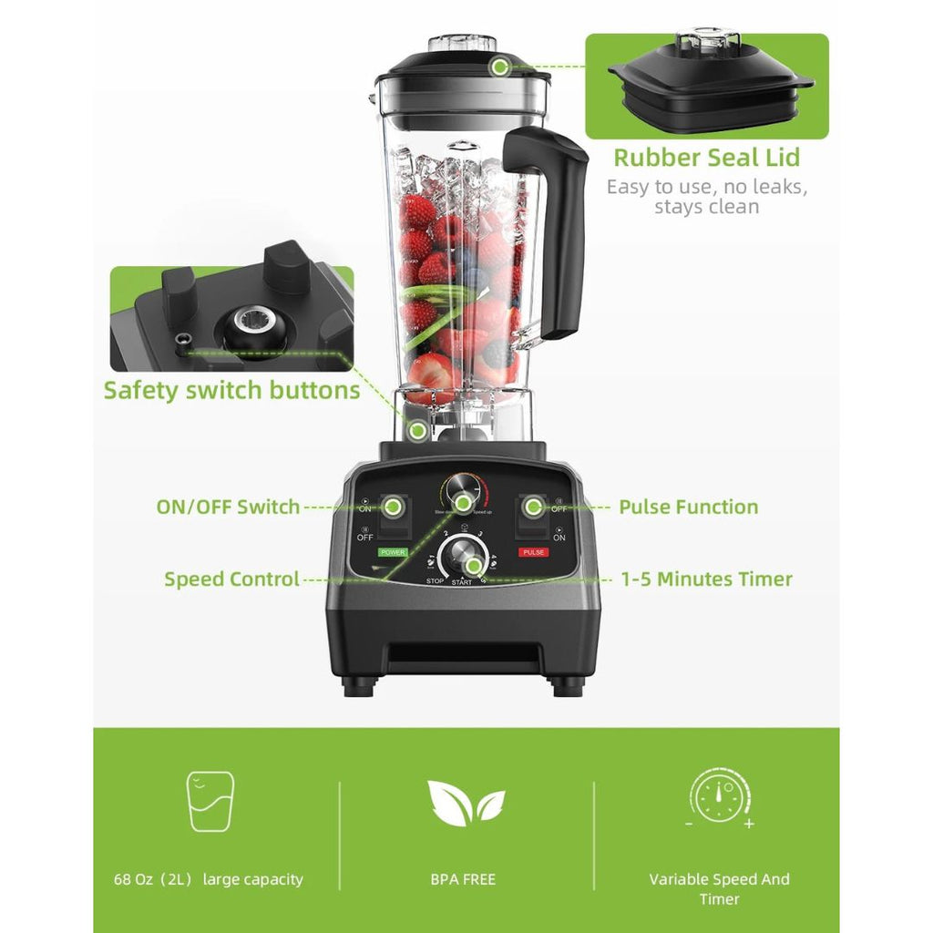Heavy Duty Blender 2200W 3HP with 2L Jug Timer Control Ice Crusher Smoothie Maker Titanium Grey