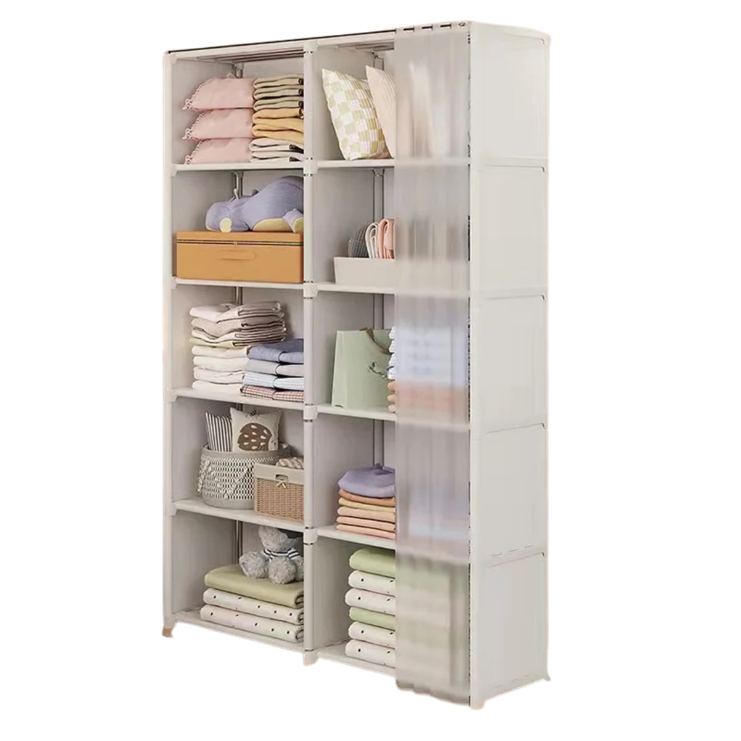 6 Layer Double Portable Clothes Storage Cabinet Wardrobe Organizer Dustproof Closet with Curtains Multifunctional White 80 × 28 × 155cm