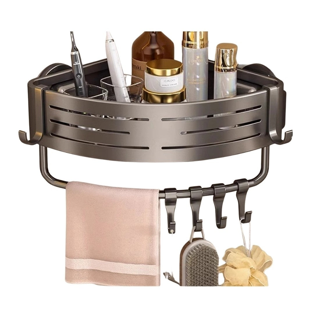 Pro Shower Corner Bathroom Shelf with Towel Holder Hooks Suction Cup Wall Mounted Space Aluminium Rack Grey 30 × 22 × 6.8cm