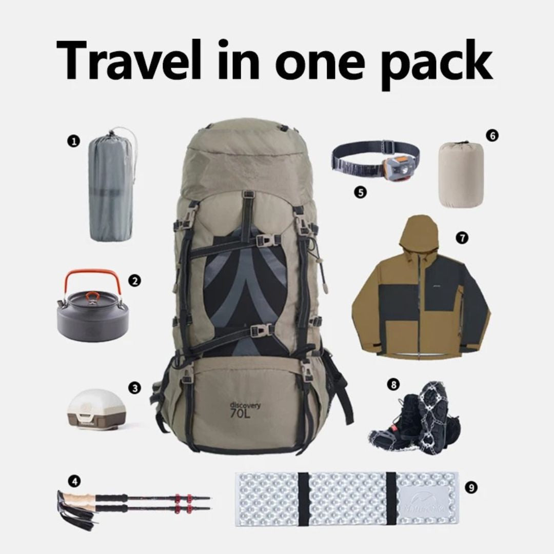 70L Camping Backpack Ergonomic Hiking Rucksack with Rain Cover Outdoor Travel Bag Brown 75x33x27cm