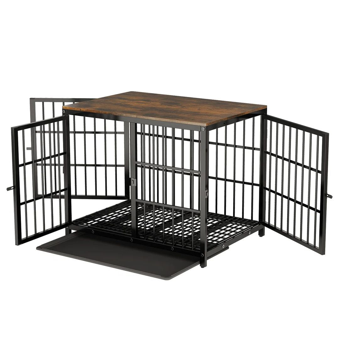Dog Crate Furniture Style Pet Kennel Wooden End Table with 3 Doors Removable Tray Indoor Cage for Medium Dogs Black 91.5x63.5x74.5cm