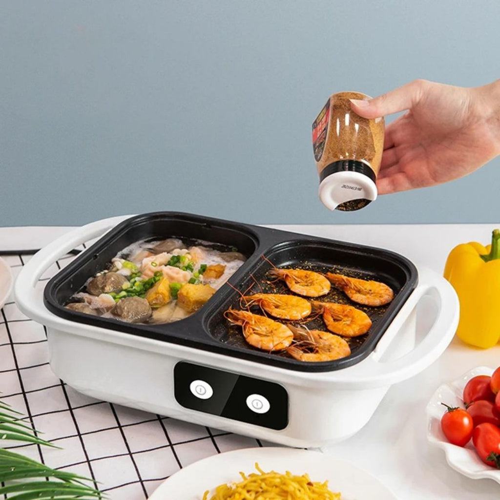 Electric Shabu Pot and Grill 2-in-1 Non-Stick Multi Cooker for BBQ, Steak, Ramen and Noodles White
