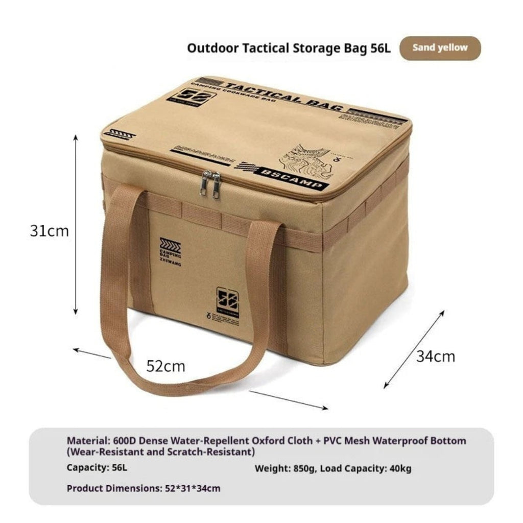 56L Insulated Waterproof Tactical Camping Storage Bag Foldable Picnic Tableware Cooking Gear Box Outdoor Organizer Khaki