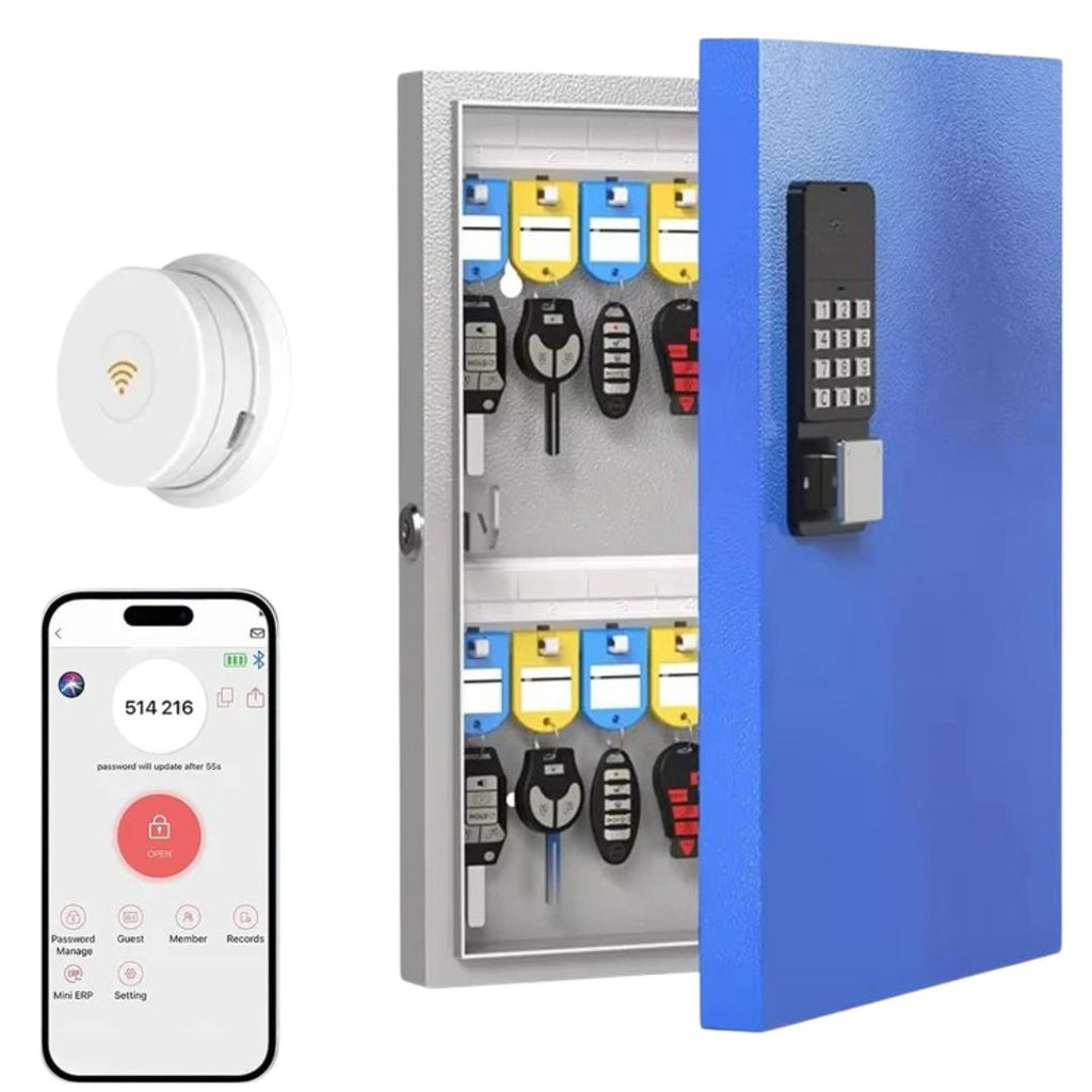Key Lock Box 32 Key Wall Mounted Storage Cabinet with Bluetooth App Access PIN Code Unlocking and WiFi Gateway Blue