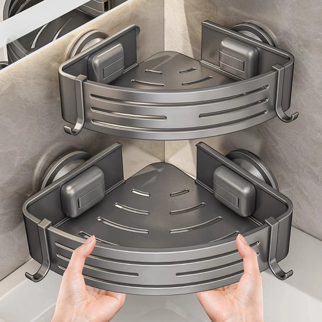 2 Pack Pro Shower Corner Bathroom Shelf with Towel Hooks Suction Cup Wall Mounted Space Aluminium Rack Grey 30 × 22 × 6.8cm