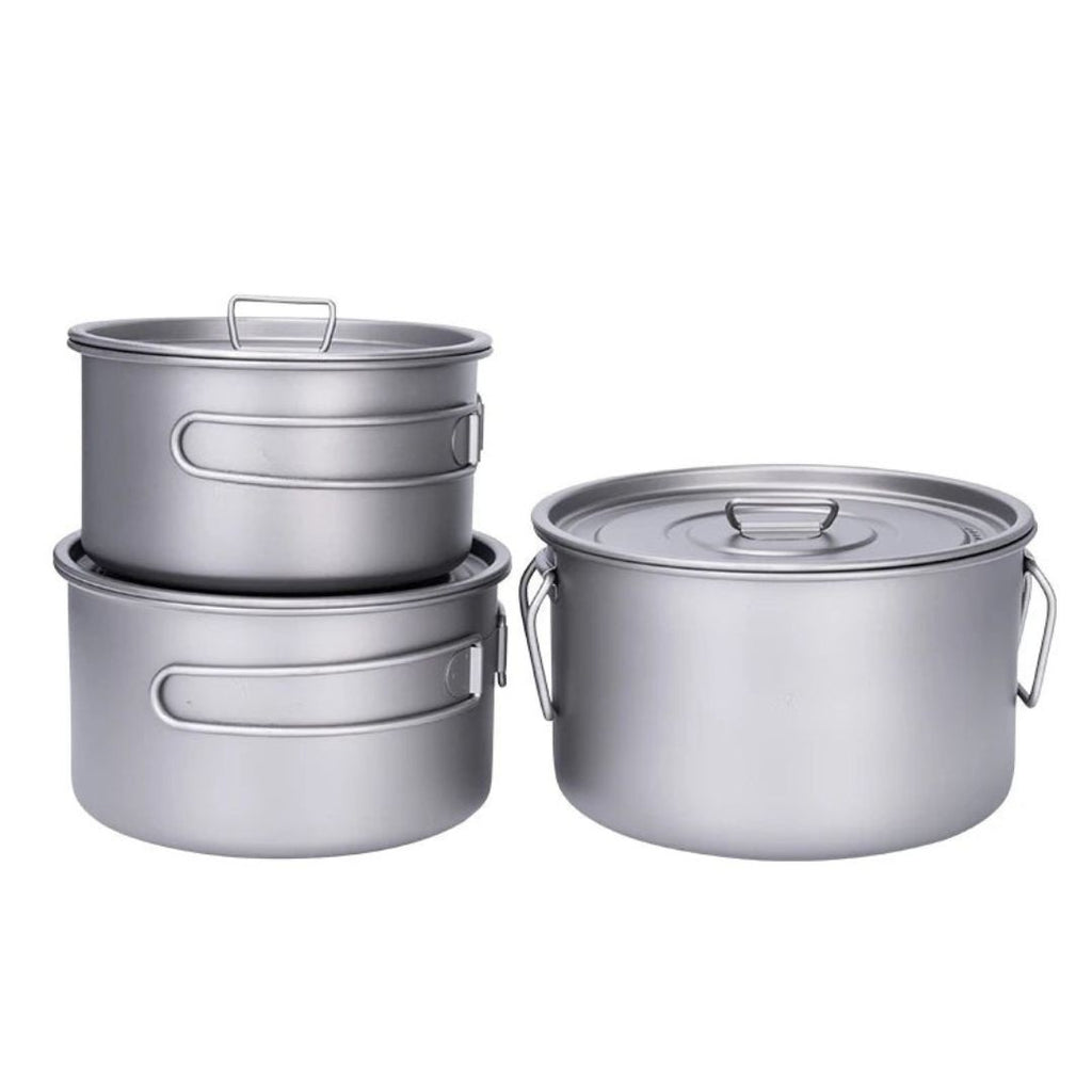 Titanium Camping Cookware Set 3 Piece 1.2L 1.8L 2.4L Lightweight Backpacking Pots for Hiking Trekking Picnic