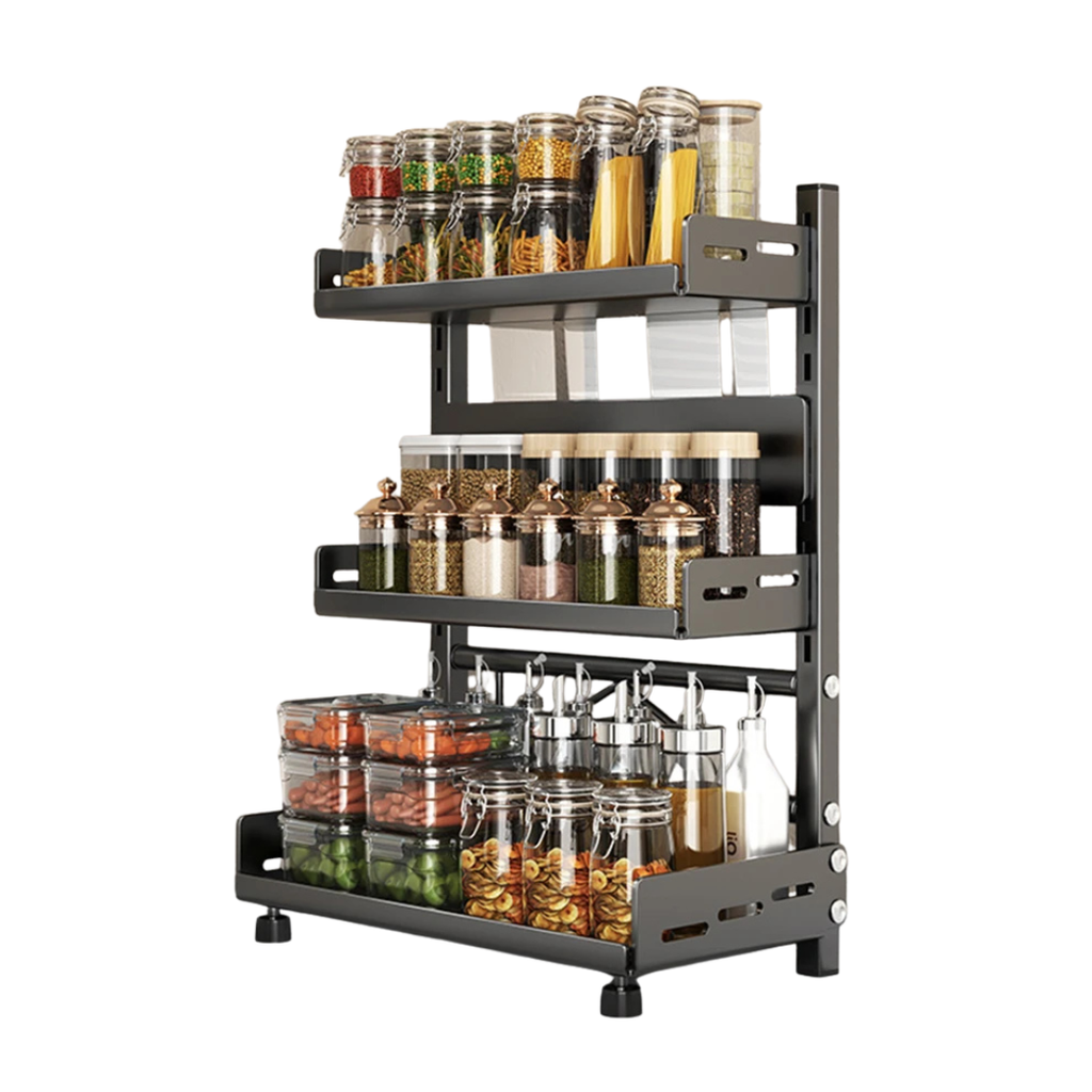 30CM 3 Tier Spice Rack Adjustable Kitchen Countertop Organizer Metal Shelf Cabinet Storage Stand Black 30 × 16 × 54cm