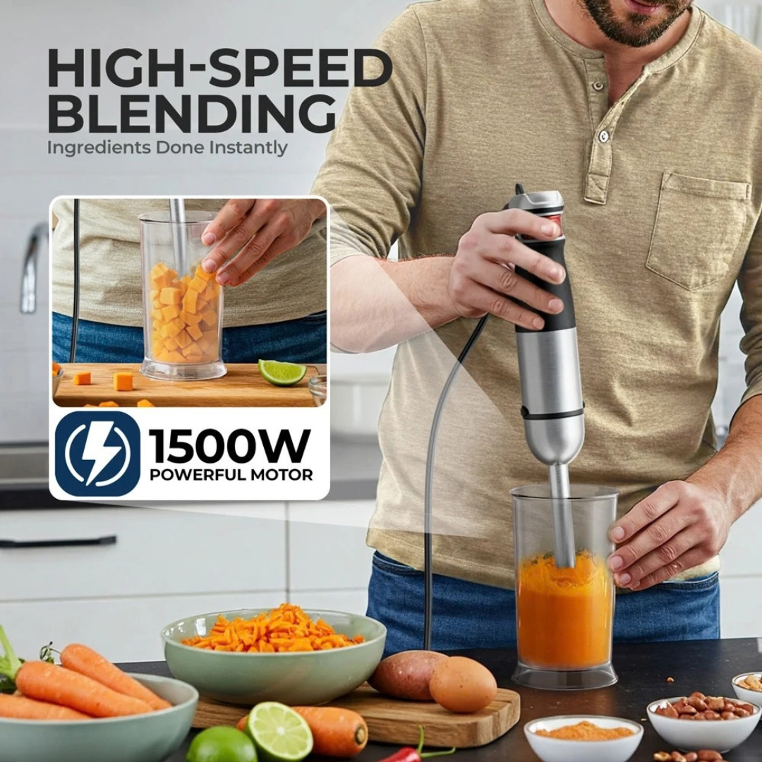 1500W 6-in-1 Handheld Stick Blender Immersion Mixer Stainless Steel Blades Electric Kitchen Food Processor Black AU Plug