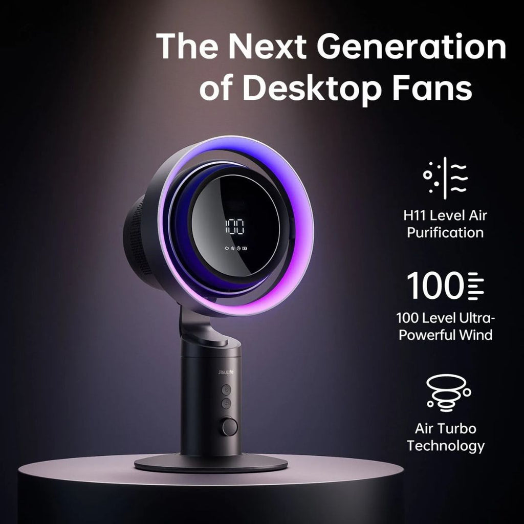 Desktop Air Purifier Fan with H11 HEPA Filter RGB Light 10000mAh Rechargeable 100 Speed Oscillating Dark Grey