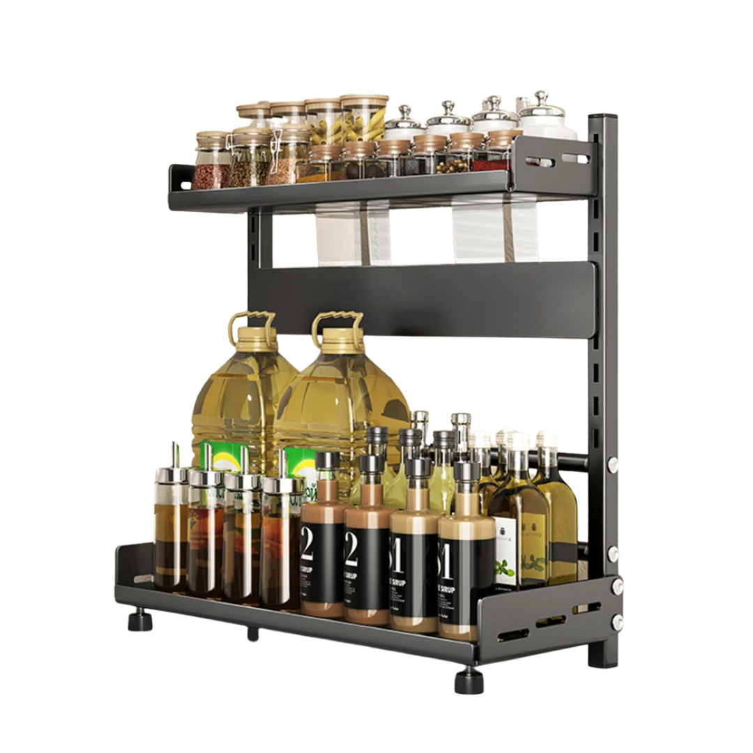 40CM 2 Tier Spice Rack Adjustable Kitchen Countertop Organizer Metal Shelf Cabinet Storage Stand Black 40 × 16 × 39.5cm