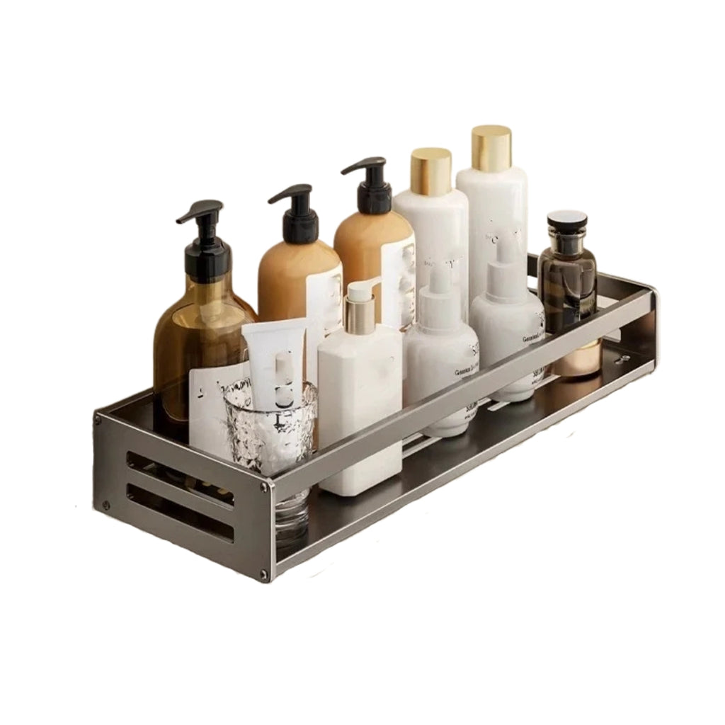 30CM No Drill Shower Corner Shelf Aluminium Bathroom Storage Rack with Towel Bar Shampoo Holder Toilet Organiser