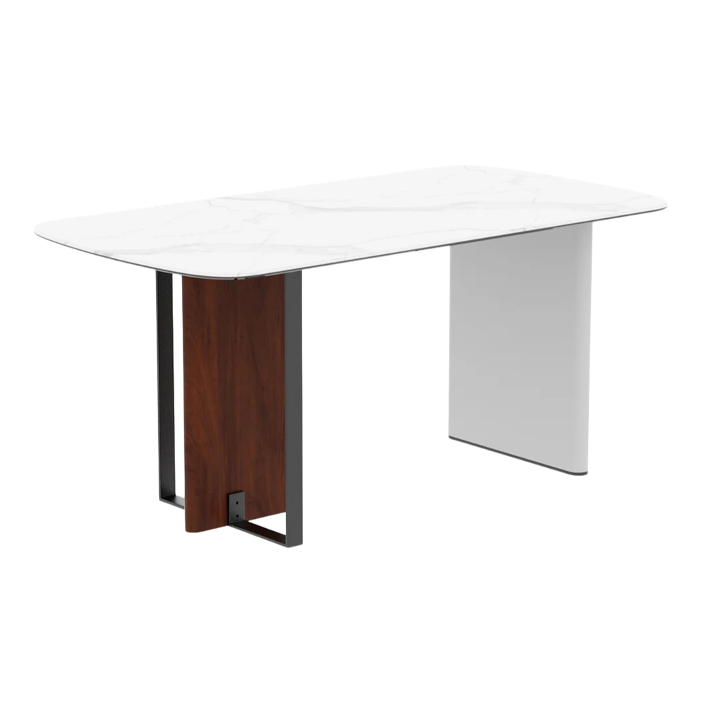 Rectangle Dining Table 160cm 4-6 Seater White Marble Glass Top Walnut Frame Kitchen Dining Table