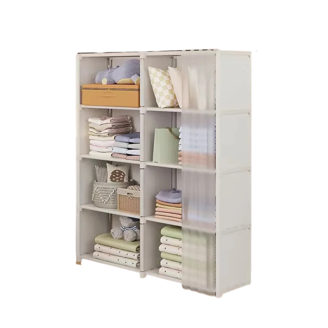 5 Layer Double Portable Clothes Storage Cabinet Wardrobe Organizer Dustproof Closet with Curtains Multifunctional White