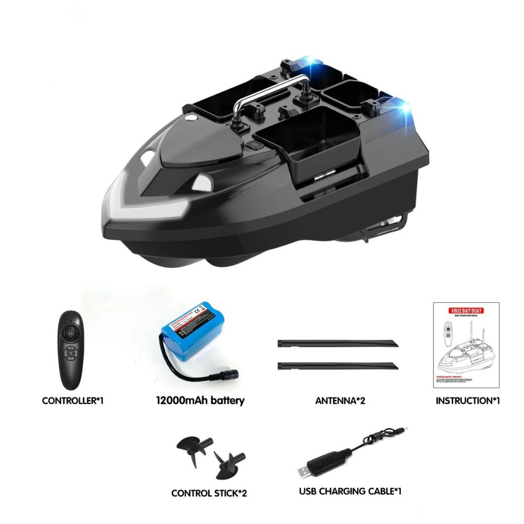 Bait Boat Remote Control Fishing Boat with 4 Independent Hoppers, 500m Range, 12000mAh Battery and LED Lights