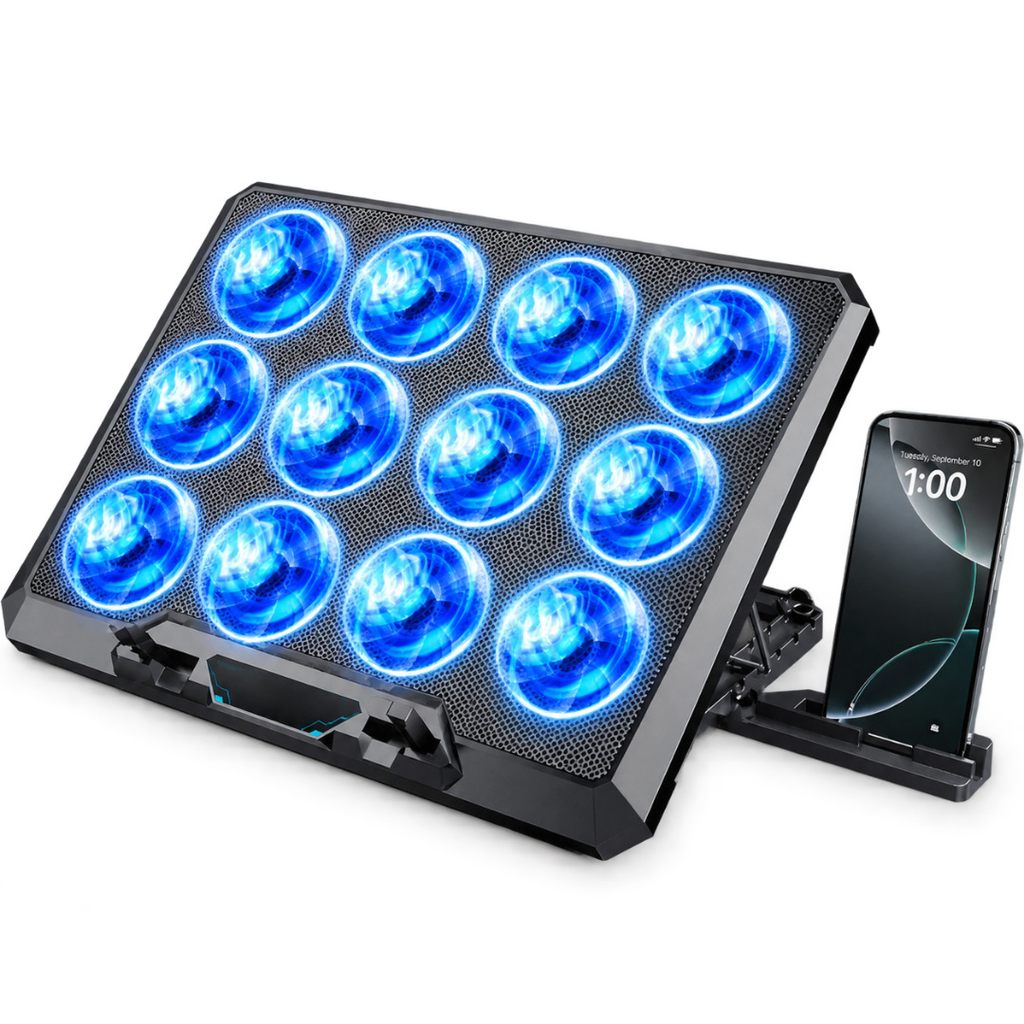 Laptop Cooling Pad Stand with 12 Quiet Fans Gaming Notebook Cooler Two USB Ports Phone Holder for 30.5-44cm Laptop Black