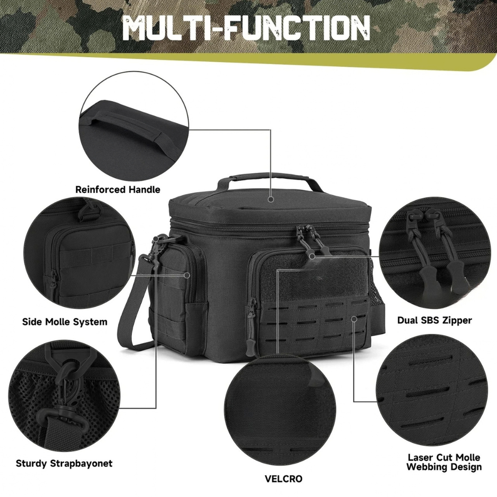 Tactical Thermal Cooler Bag Heavy Duty Insulated Lunch Box Leakproof Durable Meal Bag for Men Work Camping Picnic Black 30×20×22cm