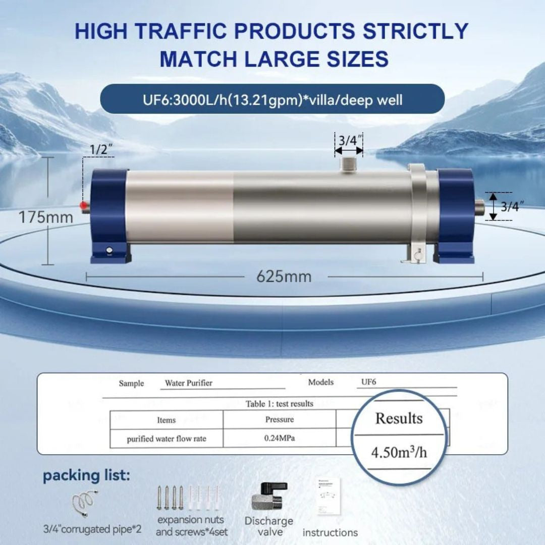 House Water Filter System 3000L/H SUS304 Ultrafiltration Purifier with 0.01 Micron PVDF Membrane 62.5cm