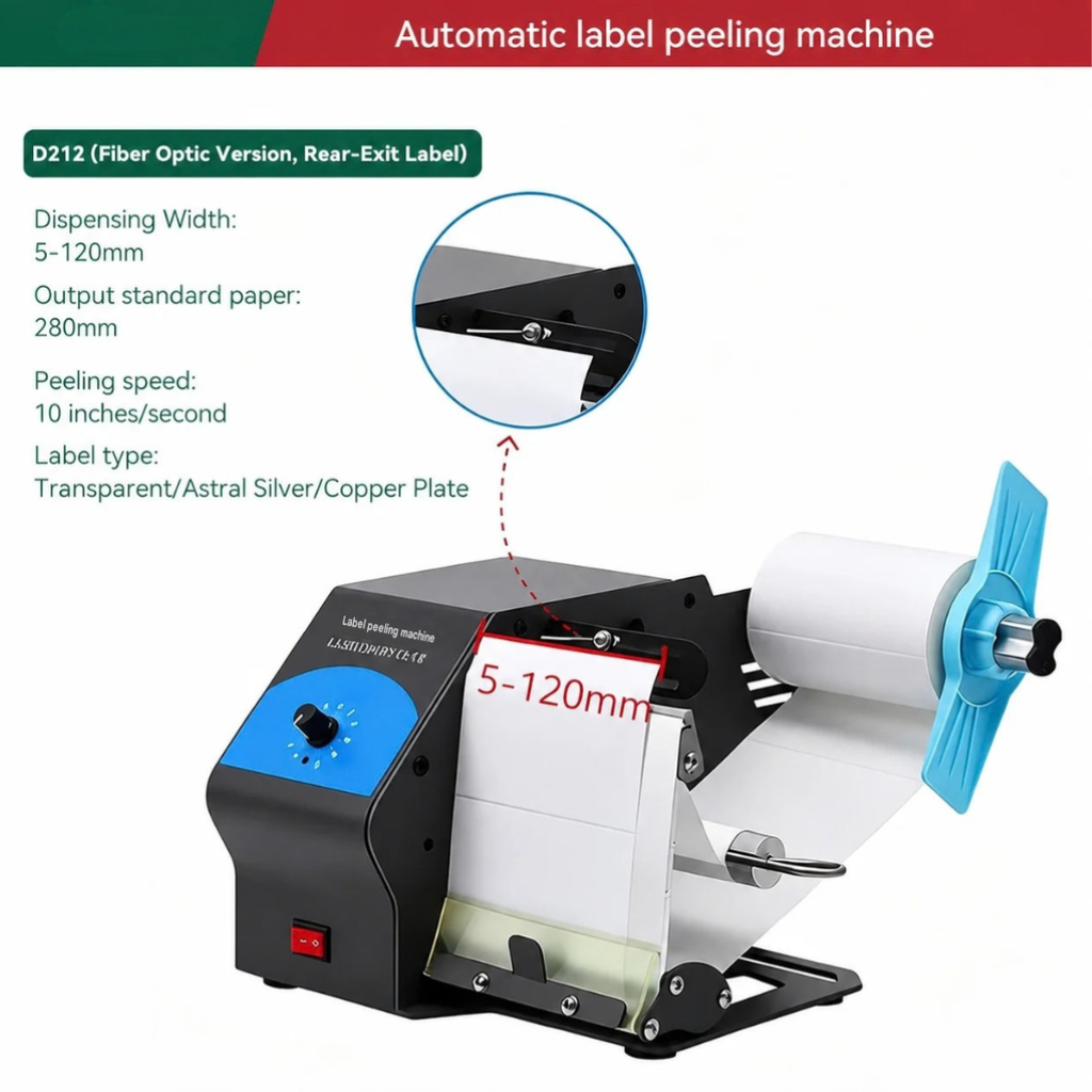 Automatic Label Peeler Electric Label Dispenser Adjustable Speed Barcode Shipping Packaging Labels Fiber Optic Rear 22.1×17.9×17cm