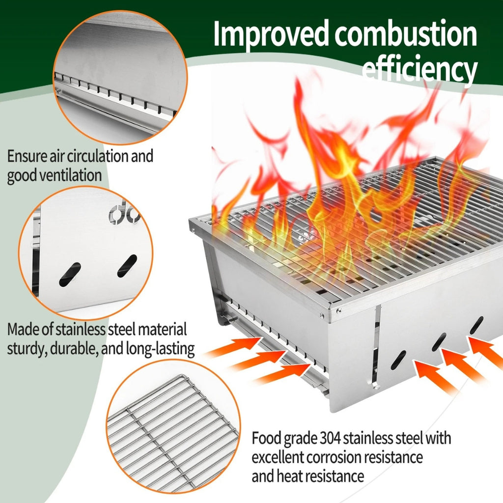 Stainless Steel BBQ Grill 2 Unit Portable Outdoor Camping Stove Folding Firewood IGT Table Barbecue Silver 50 × 36 × 18cm