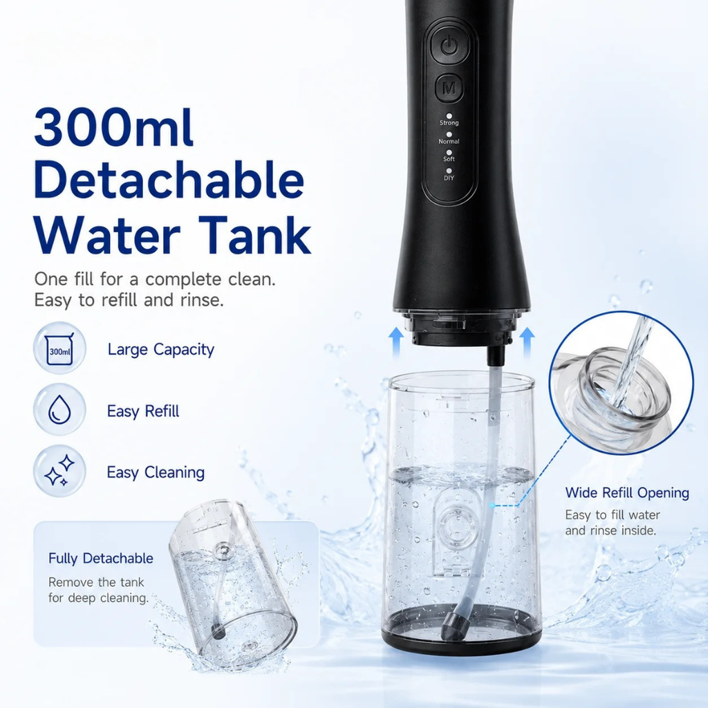 YD06 Cordless Oral Irrigator Water Flosser 300ML Portable Water Jet USB-C Fast Charge 7 Nozzles 4 Modes IPX7 Black