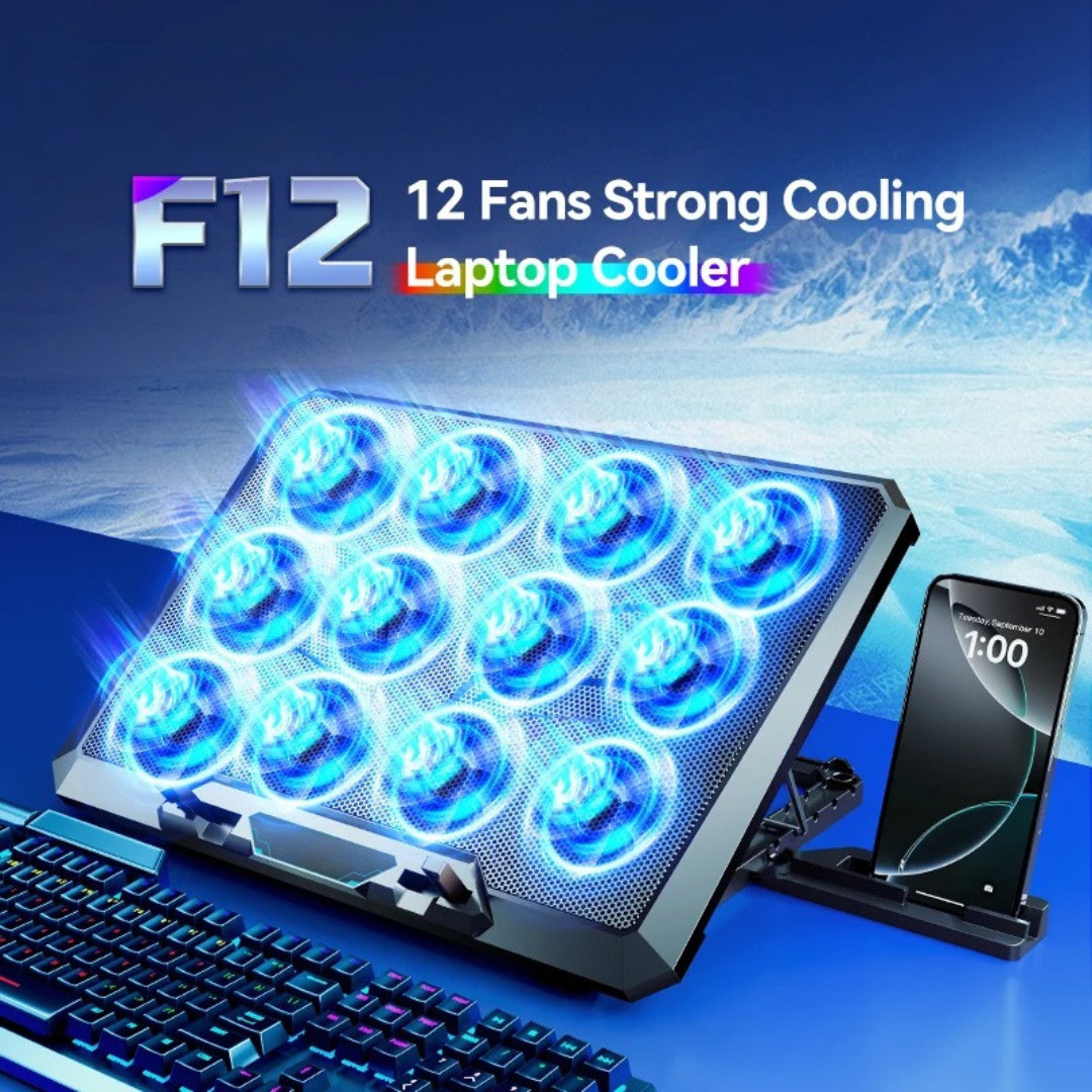 Laptop Cooling Pad Stand with 12 Quiet Fans Gaming Notebook Cooler Two USB Ports Phone Holder for 30.5-44cm Laptop Black