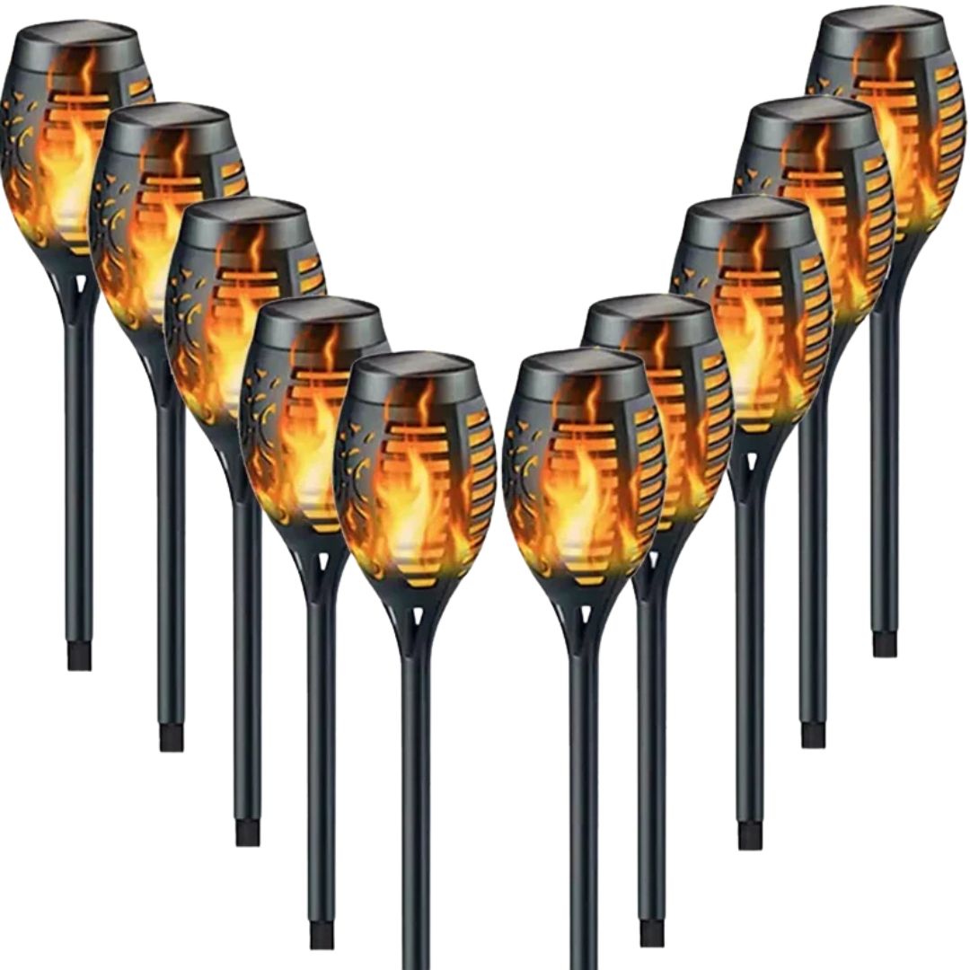 Solar Flame Torch Lights 10 Pack Waterproof LED Garden Path Lights Flickering Outdoor Landscape Lamps