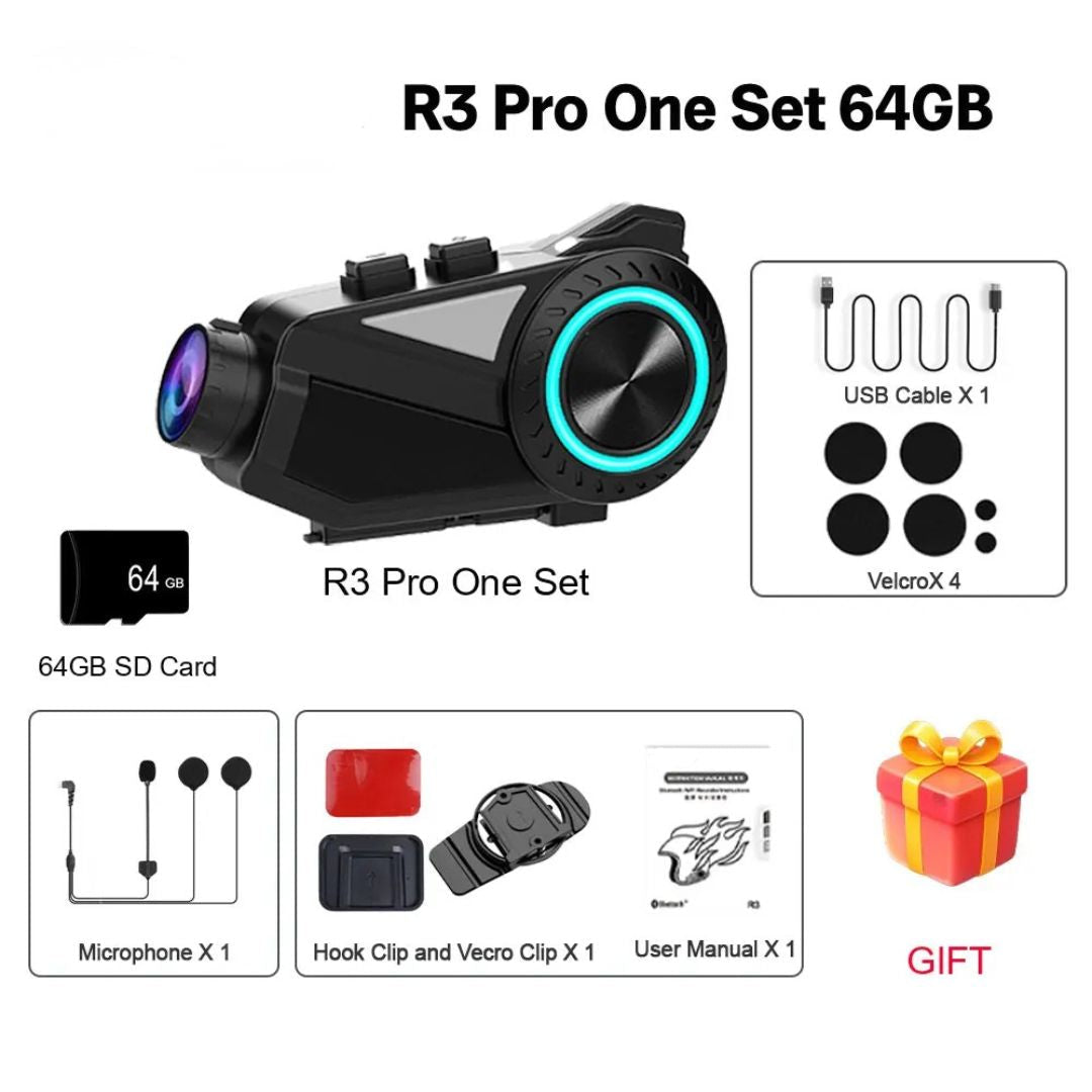 Motorcycle Helmet Intercom with 1440P WiFi Dash Camera Bluetooth Headset Music Sharing 64GB Single Rider Set