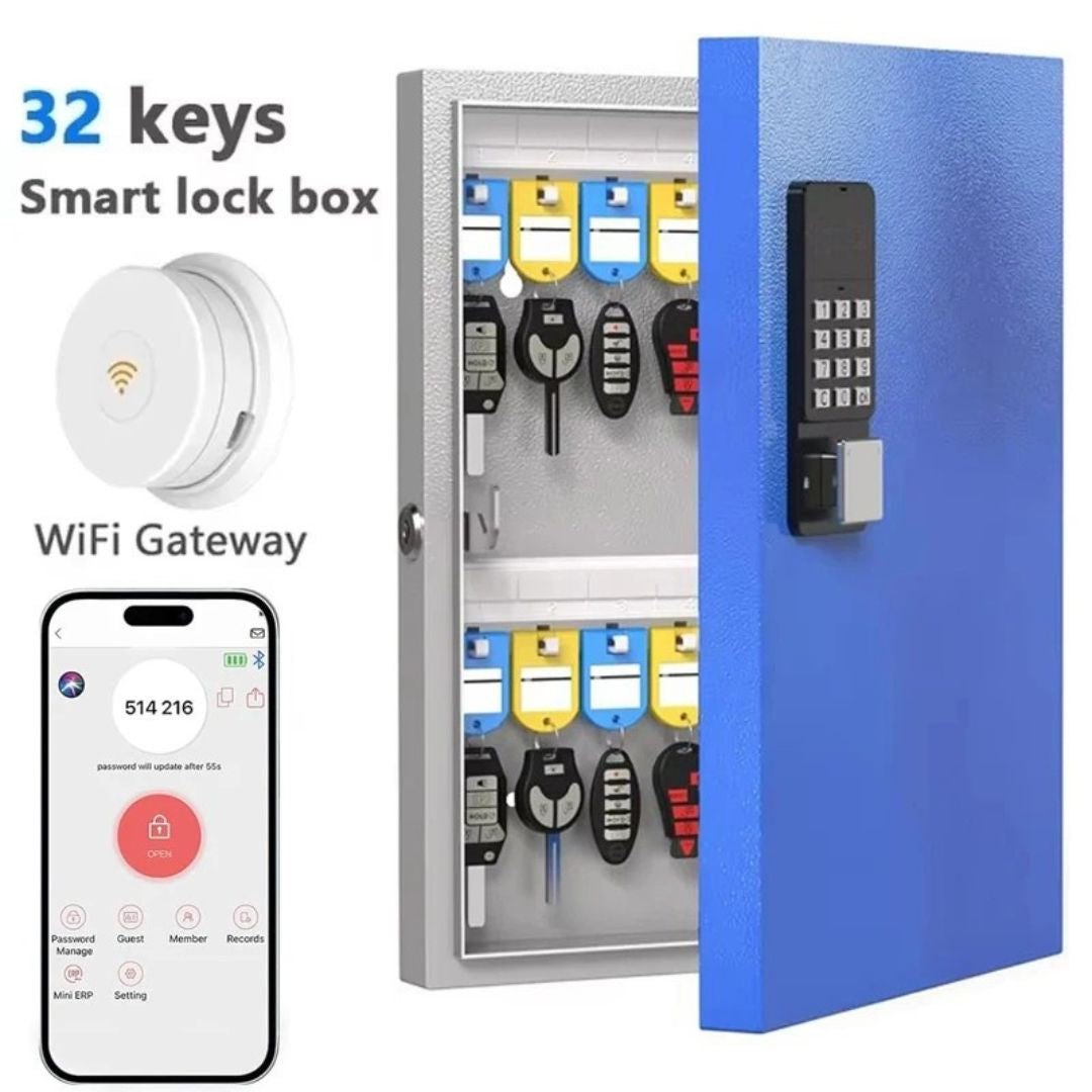 Key Lock Box 32 Key Wall Mounted Storage Cabinet with Bluetooth App Access PIN Code Unlocking and WiFi Gateway Blue