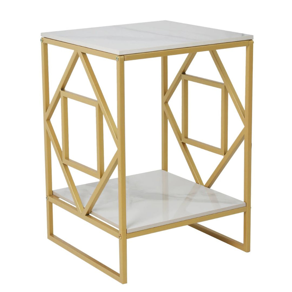 2 Tier Square Coffee Side Table 40x40x58cm Sintered Stone Top Metal Frame Gold White Living Room End Table