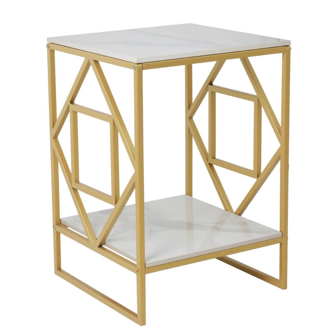 2 Tier Square Coffee Side Table 40x40x58cm Sintered Stone Top Metal Frame Gold White Living Room End Table