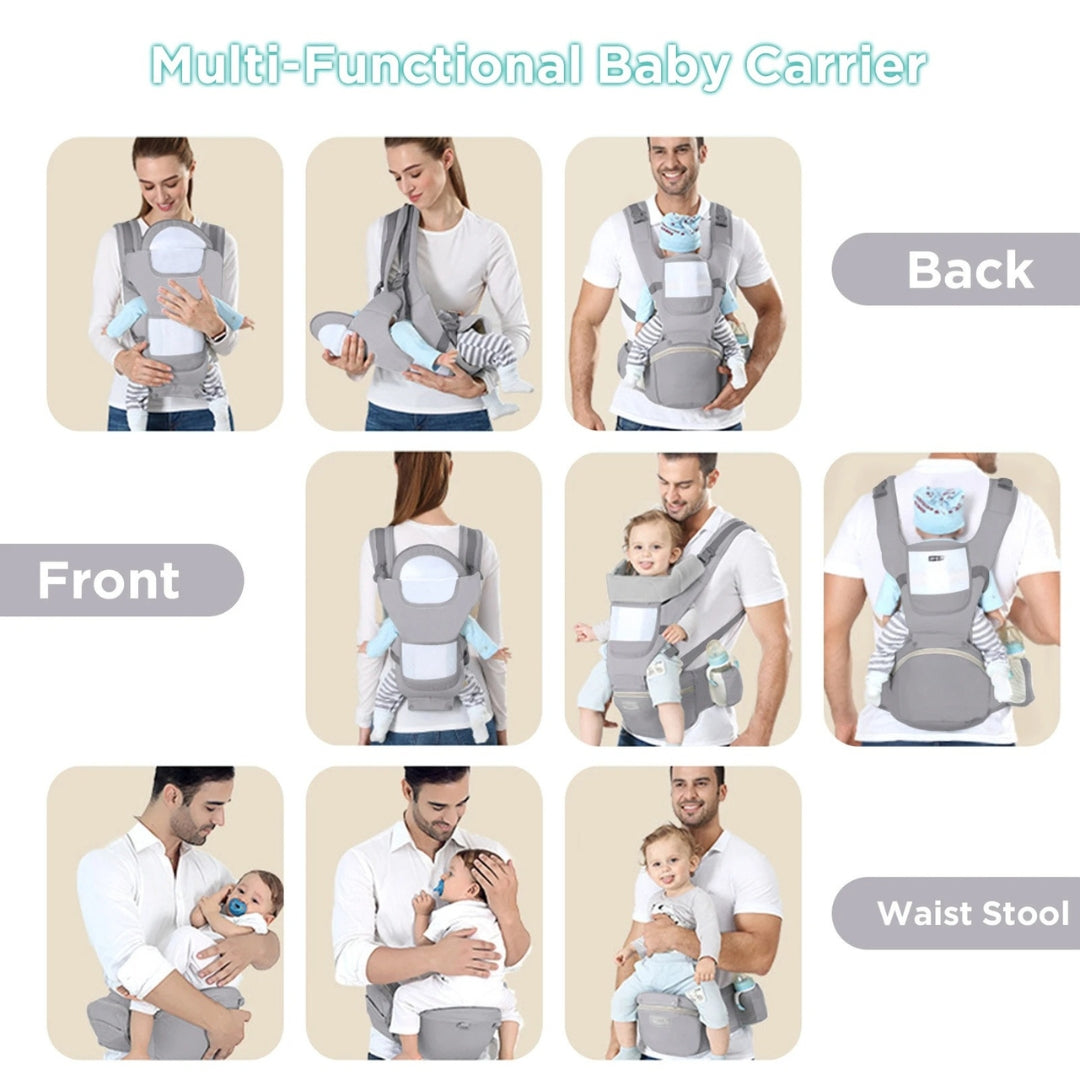 Ergonomic Baby Carrier Multifunctional Waist Stool Infant Toddler Kangaroo Bag Adjustable Front Back Carry Cotton Gray