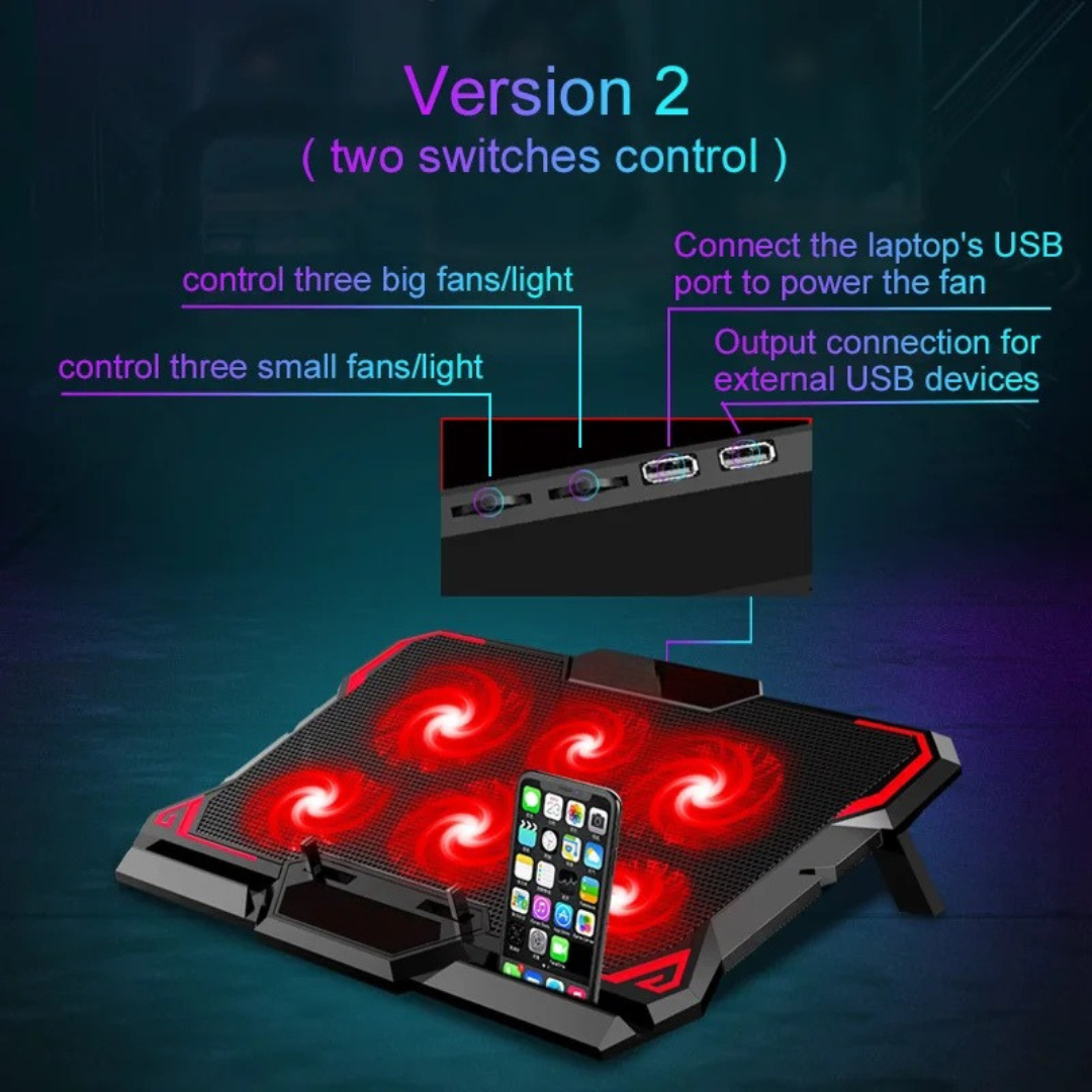 43cm Gaming Laptop Cooling Pad Six Fan 2600RPM Notebook Cooler Stand Two USB Port Laptop Cooling Stand Red Without Screen