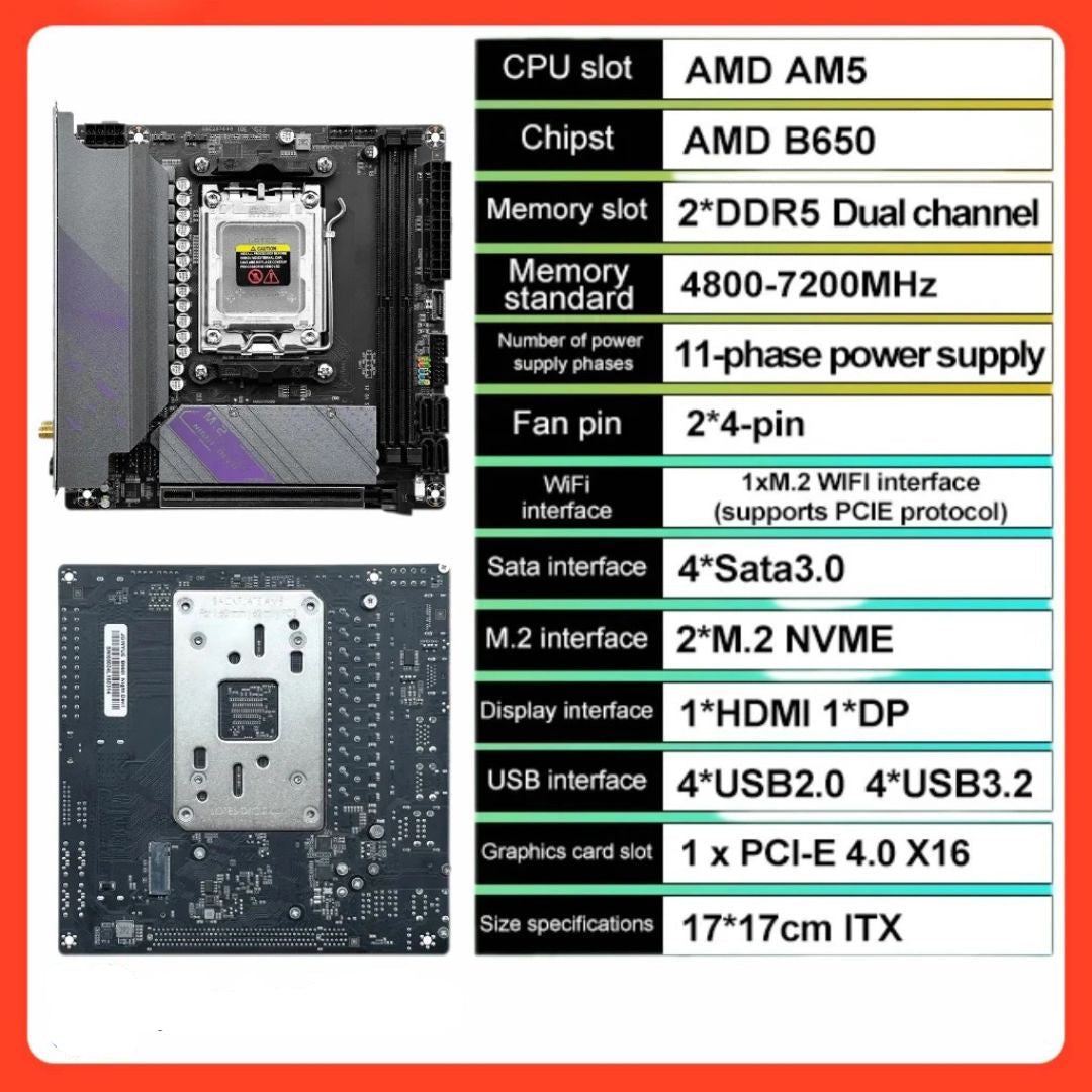 Mini-ITX Motherboard, AM5, DDR5, Compatible with AMD Ryzen 7000 Series, M.2 and PCIe Support, 17 × 17 cm