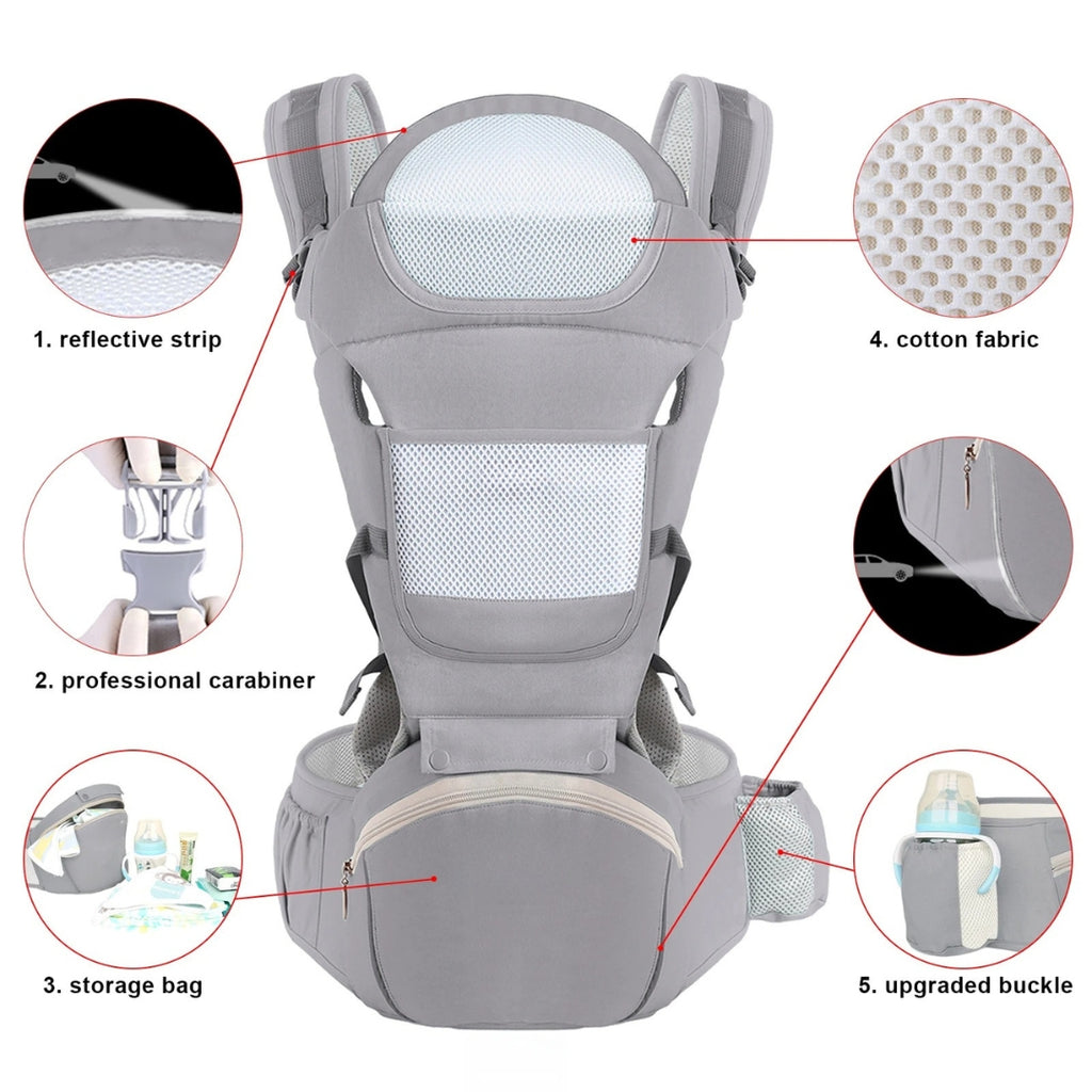 Ergonomic Baby Carrier Multifunctional Waist Stool Infant Toddler Kangaroo Bag Adjustable Front Back Carry Cotton Gray