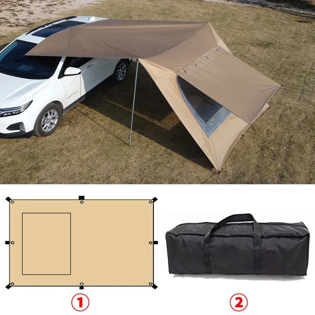Car Awning Tarp with Mesh Skylight SUV Camping Shelter Waterproof Outdoor Sun Shade Canopy Khaki 280 × 480cm