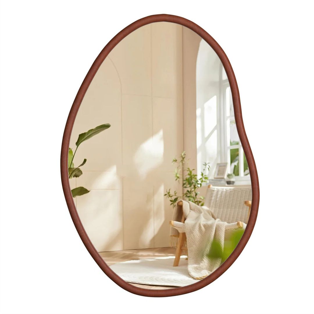Asymmetrical Wall Mirror 74.3x110cm Wood Frame Irregular Mid Century Dressing Mirror Brown