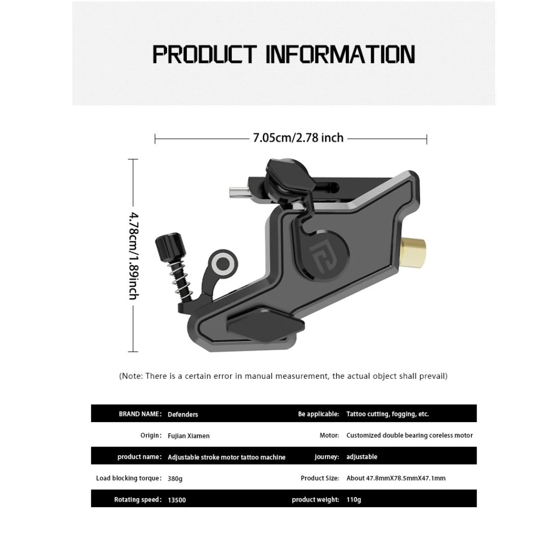 Rotary Tattoo Machine Adjustable 3.5–5mm Stroke with Powerful Motor for Lining and Shading Defender