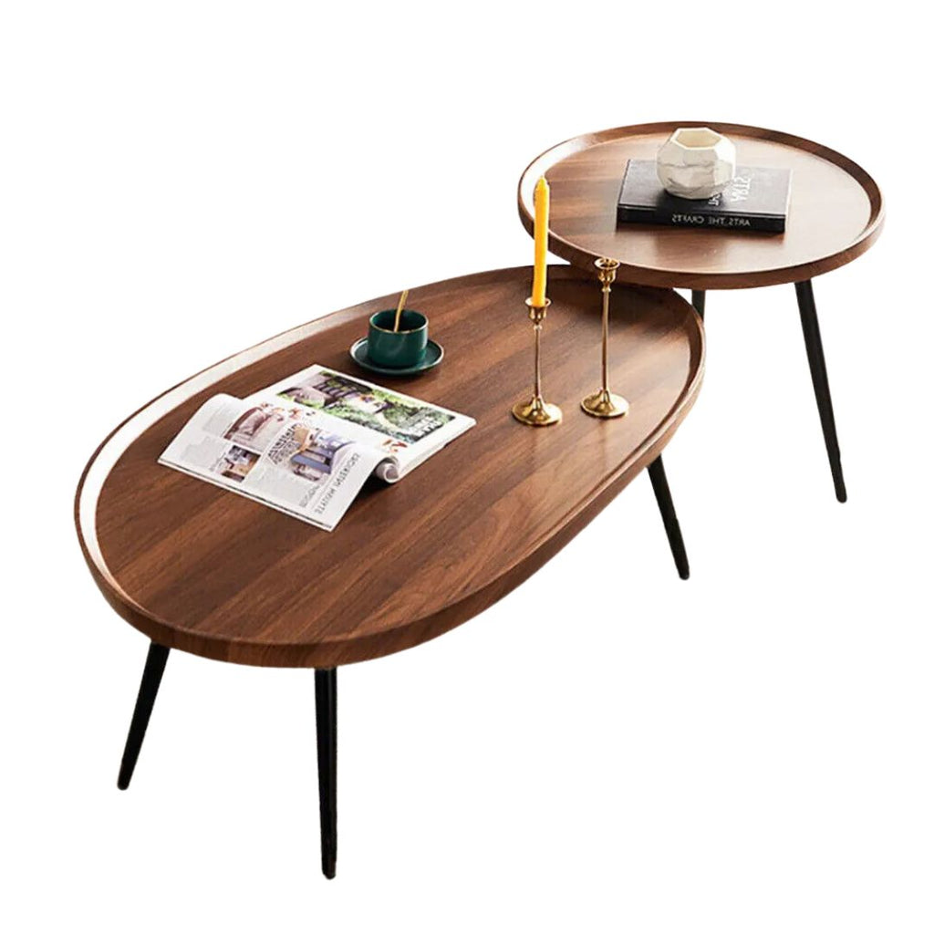 Coffee Table Set 2-in-1 Irregular Wooden Sofa Side Tables Oval(80x55x38cm) Round(40x47.5cm)