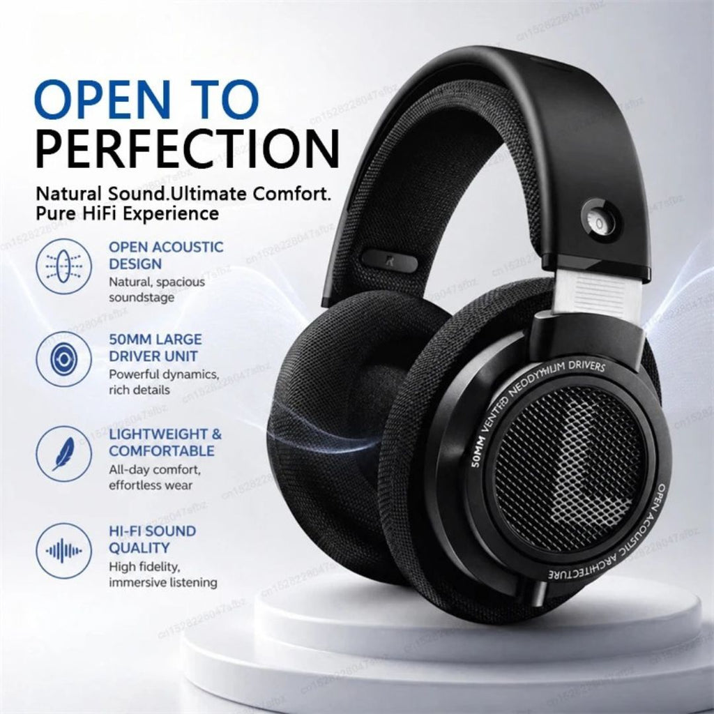 Wired HiFi Over-Ear Headphones with 50mm Drivers Open-Back 3.5mm & 6.3mm Audio for PC Laptop Gaming Music