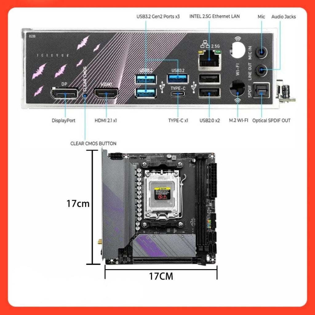 Mini-ITX Motherboard, AM5, DDR5, Compatible with AMD Ryzen 7000 Series, M.2 and PCIe Support, 17 × 17 cm