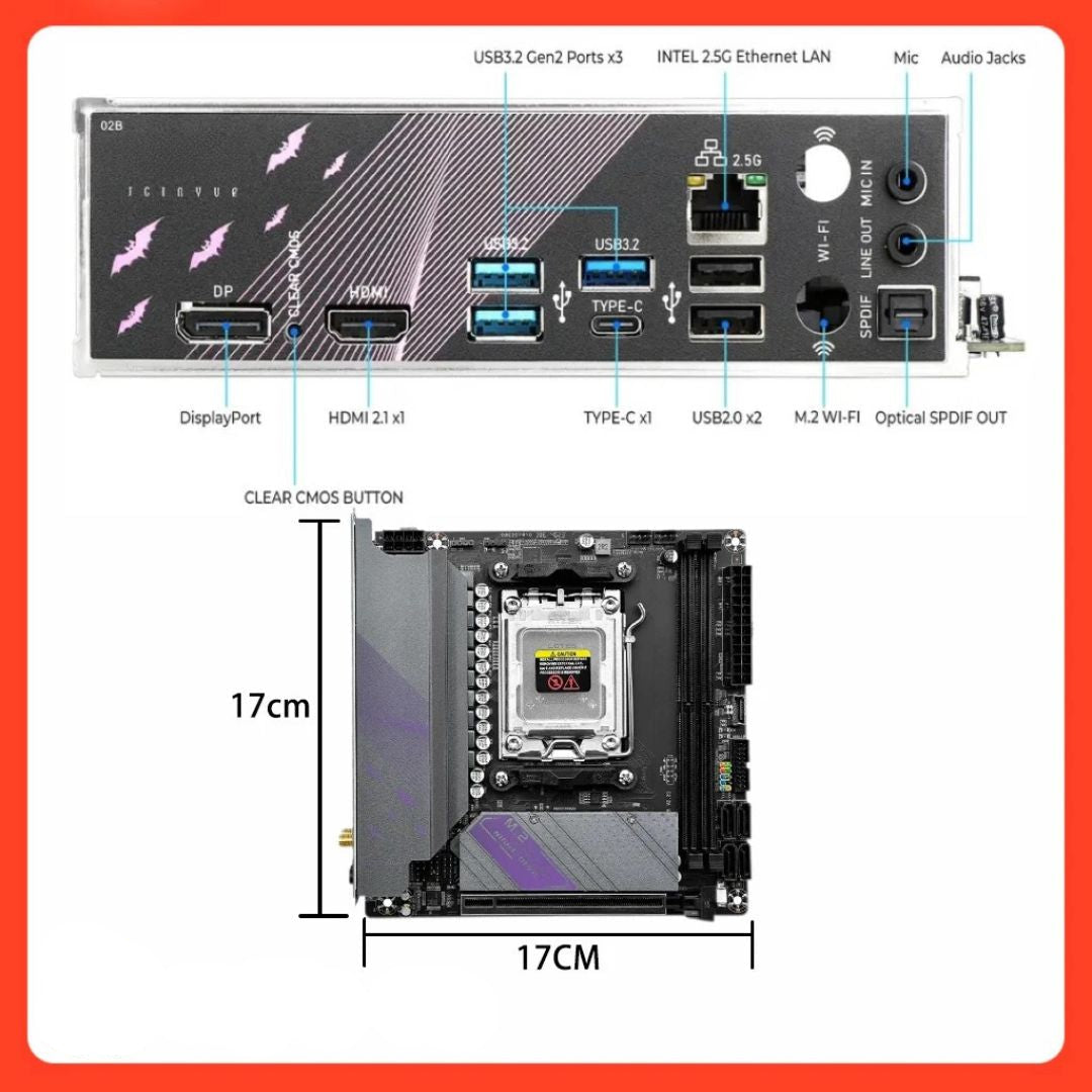 Mini-ITX Motherboard, AM5, DDR5, Compatible with AMD Ryzen 7000 Series, M.2 and PCIe Support, 17 × 17 cm