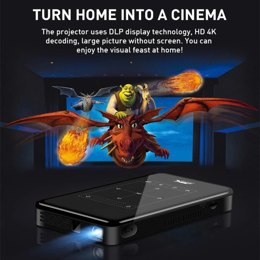 Mini Projector Android 9.0 1GB RAM 8GB Storage with 4K Decoding for Home Theatre P09-II Black